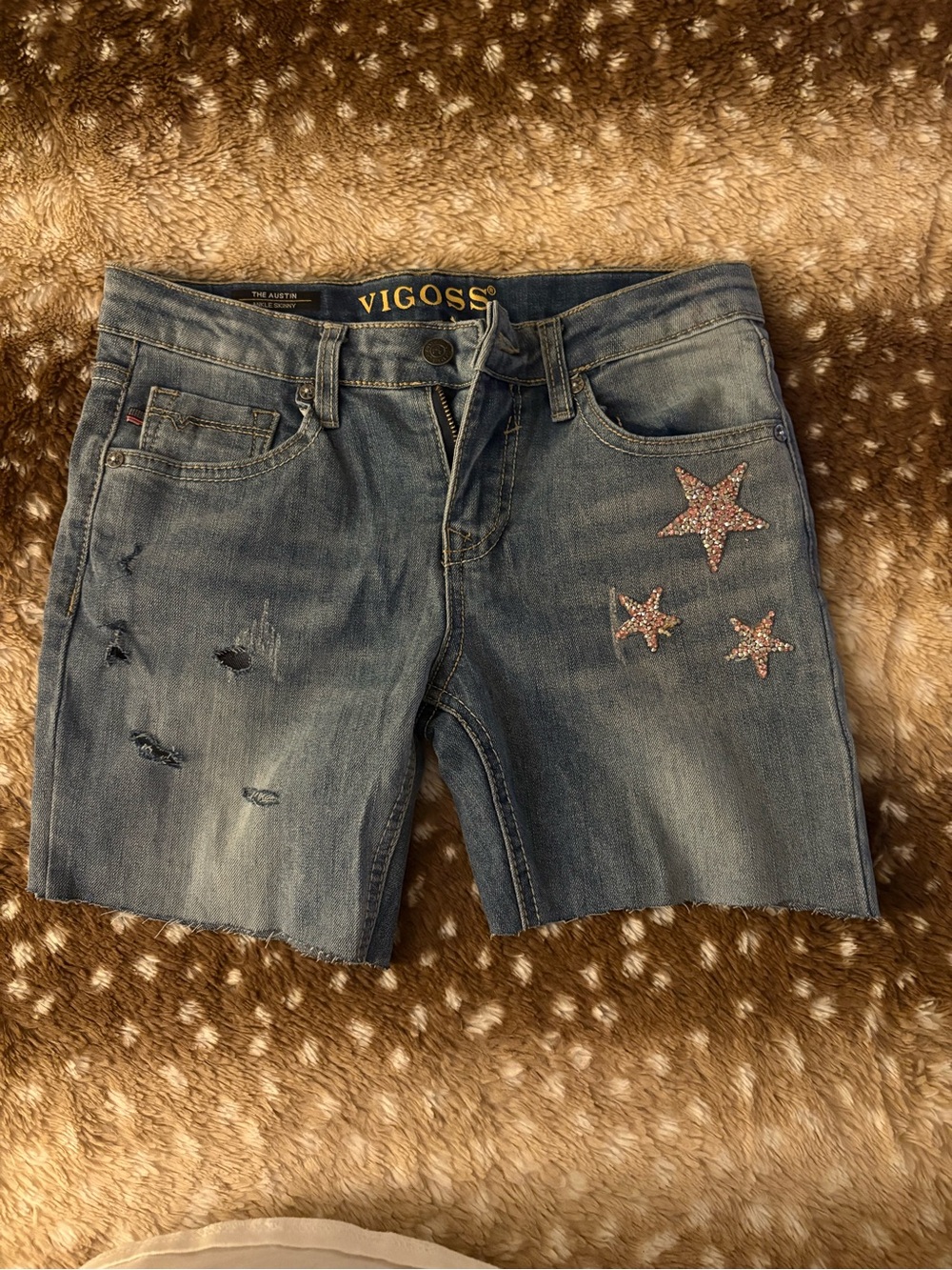 Vigoss Mid-Blue Denim Shorts with Pink Glitter Star Accents